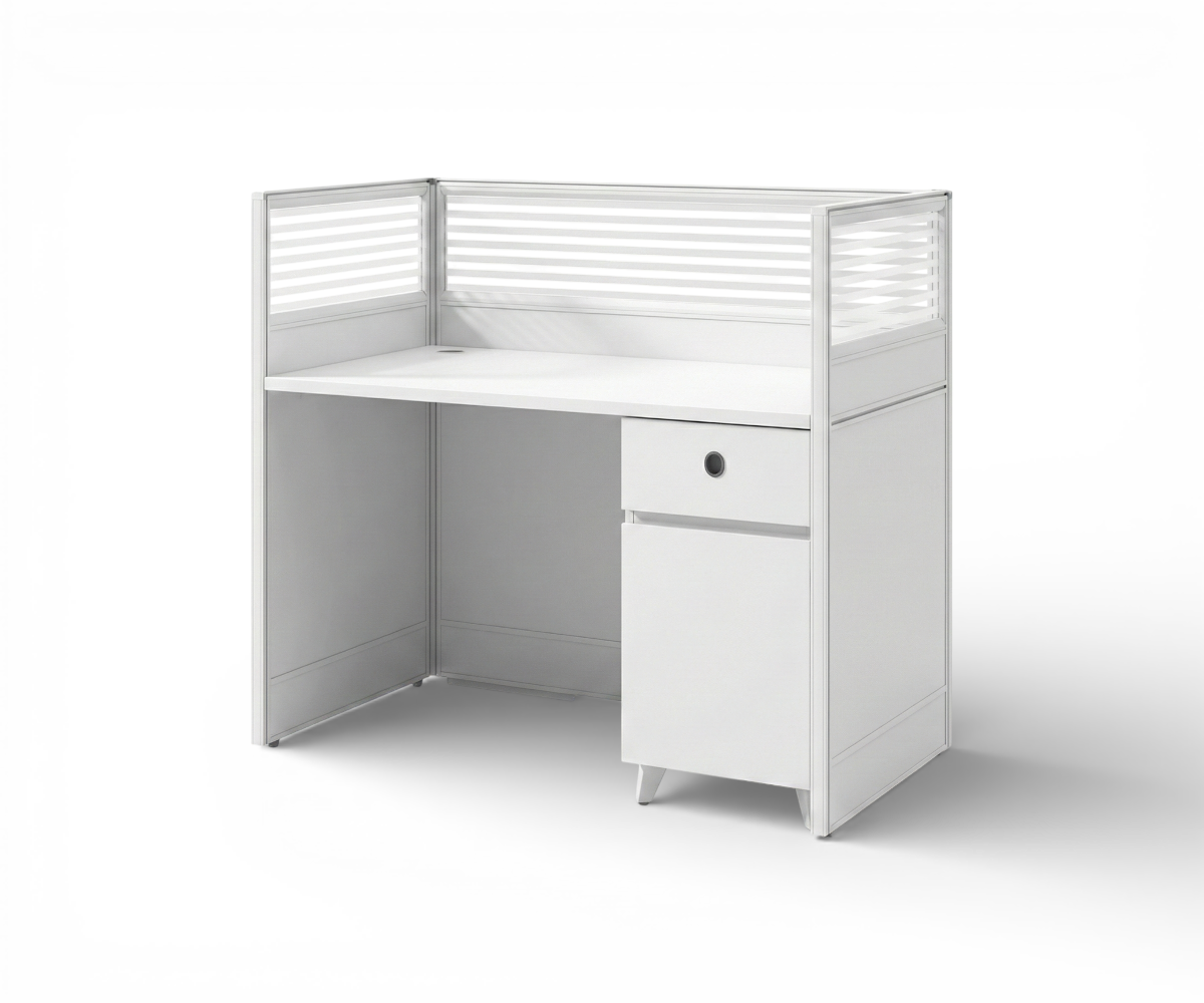 V10-1H Alva white workstation cubicle with two people working in a bright office