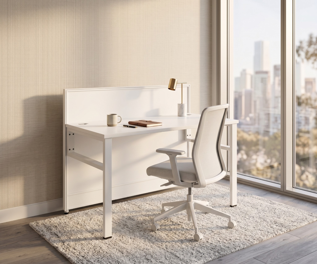 V10-212-1P white workstation desk beside a window with a city view