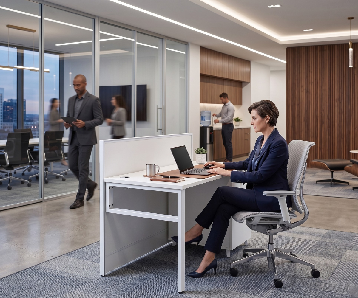 V10-212-1P1 single workstation desk in a glazed open-plan office