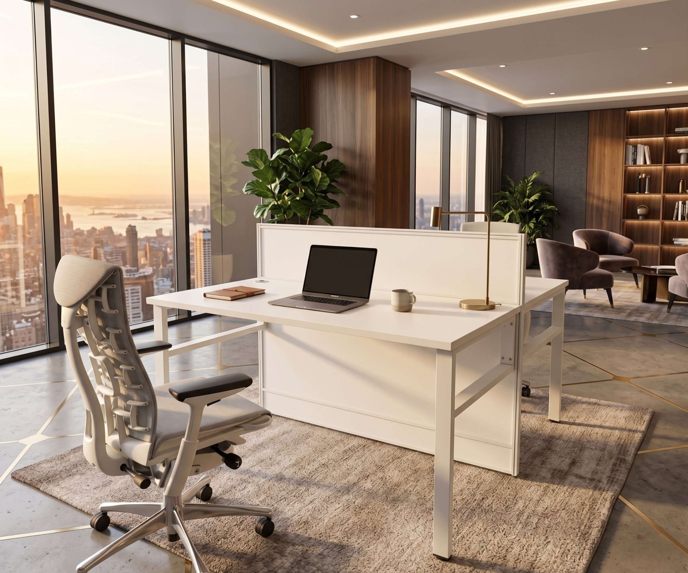 V10-212-2P Nora oak workstation in a city-view office at sunset