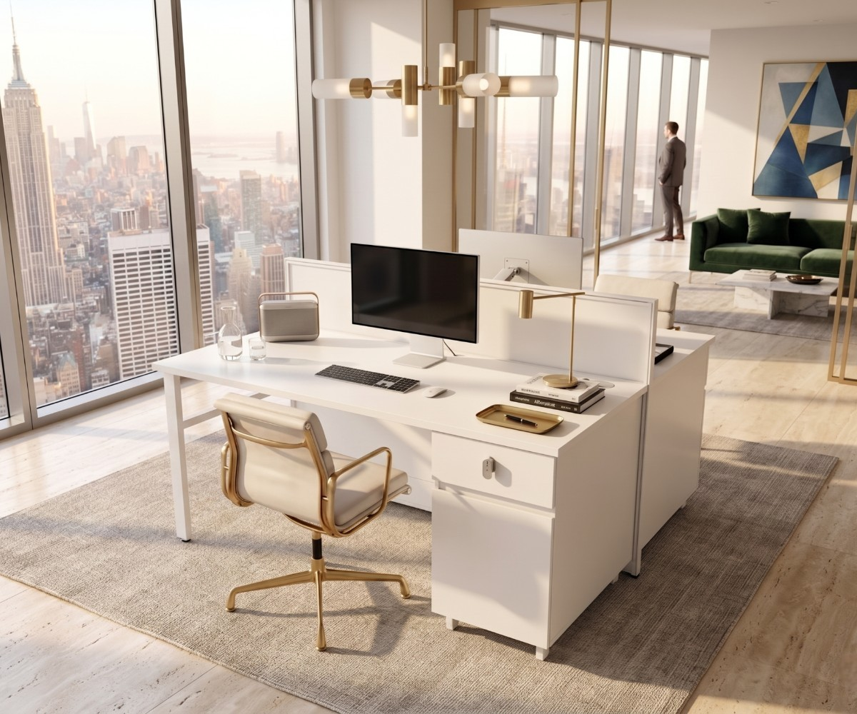 V10-212-2P1 twin workstation desk in a bright office with a city view