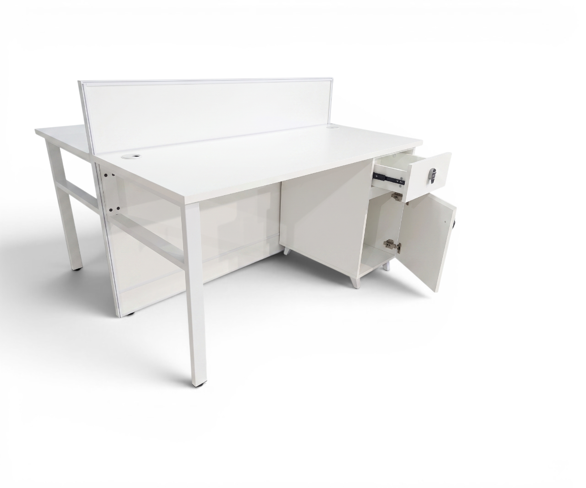 V10-212-2P1 twin workstation desk in a bright office with a city view