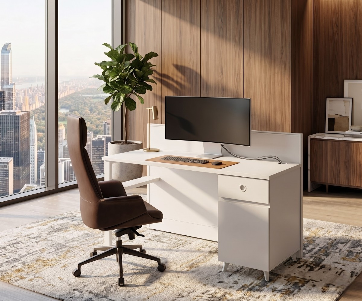 V10-214-2L Blanco white workstation in a wood-panelled city-view office