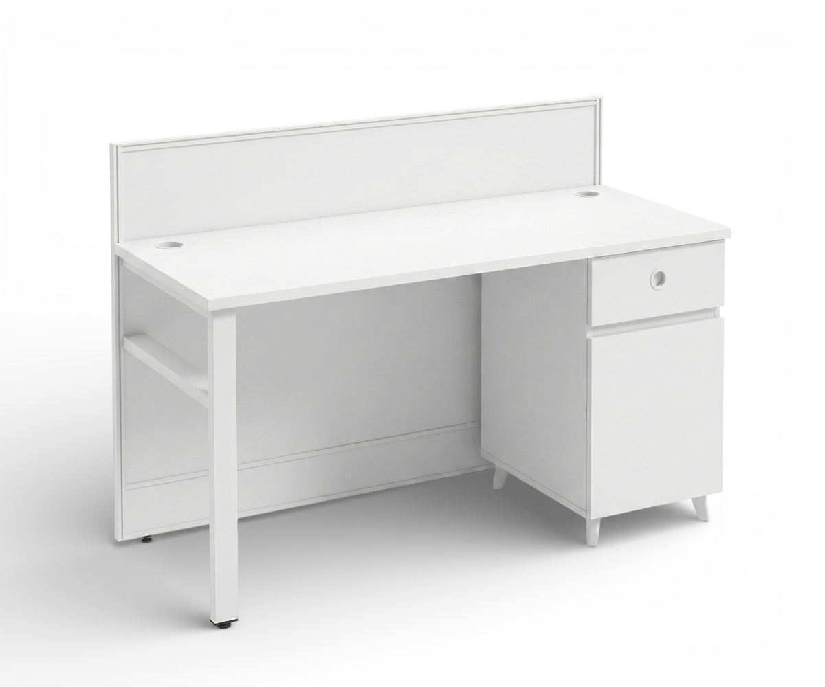 V10-214-2L Blanco white workstation in a wood-panelled city-view office