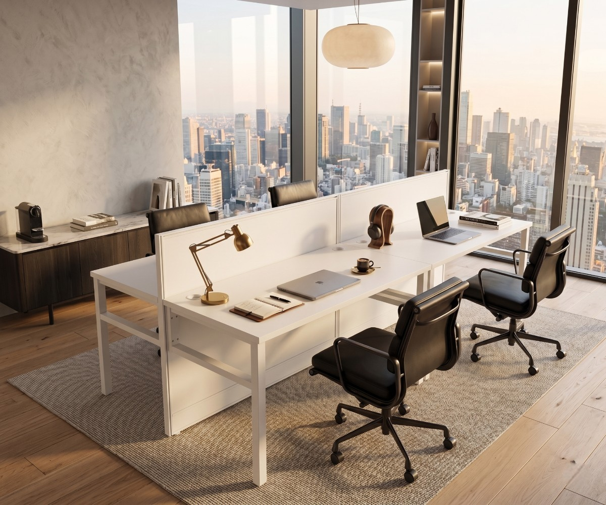 V10-224-2P,4P modular workstation cluster in a city-view office