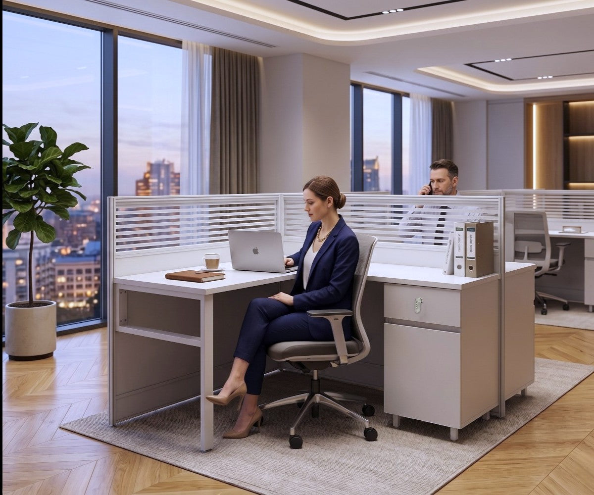 V10-224-2T cubicle workstation partition with a person working, city view