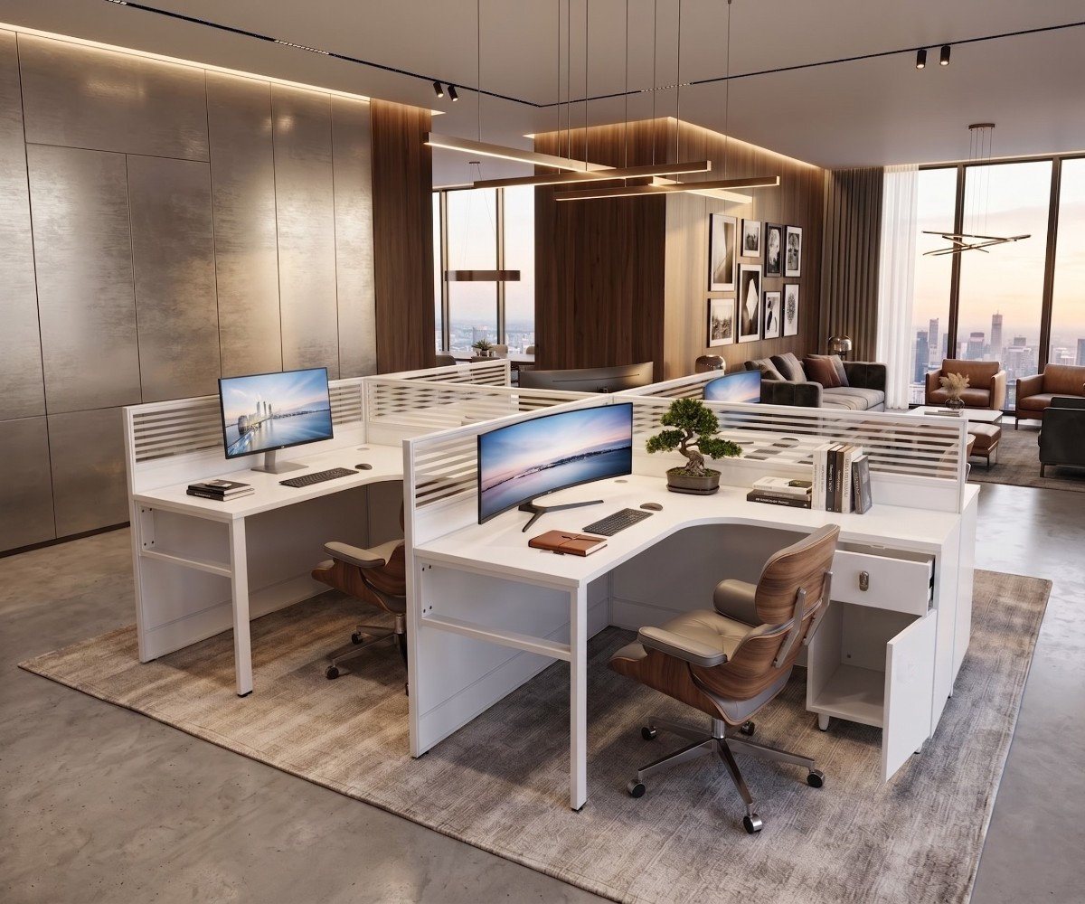 V10-224-4T cubicle workstation cluster in a wood-panelled open-plan office