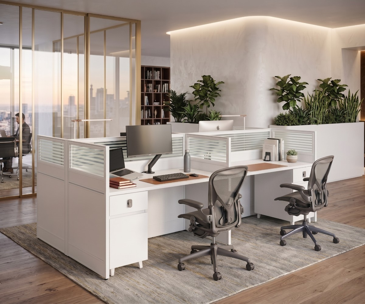 V10-2E Menta twin workstation cubicle in a bright glazed office