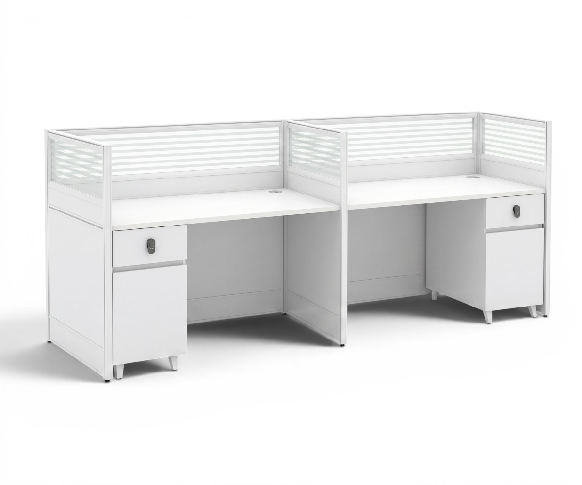 V10-2E Menta twin workstation cubicle in a bright glazed office