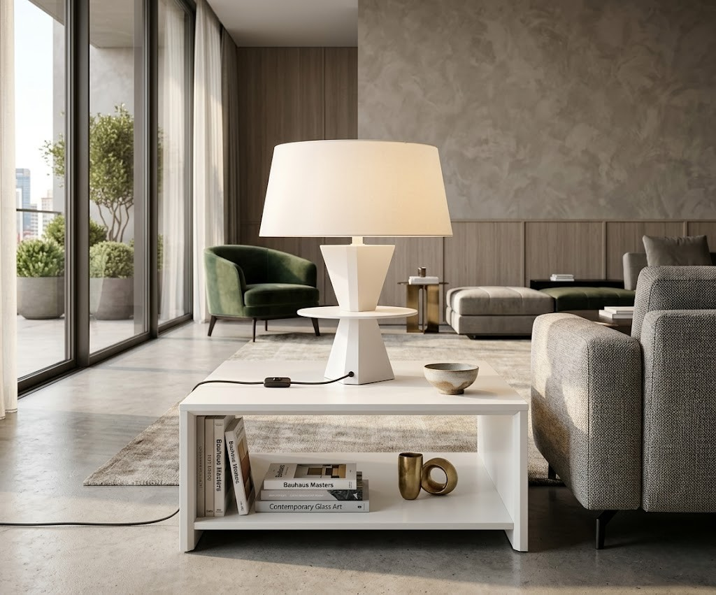 V10-307 wooden end table beside a sofa in a bright city-view living room