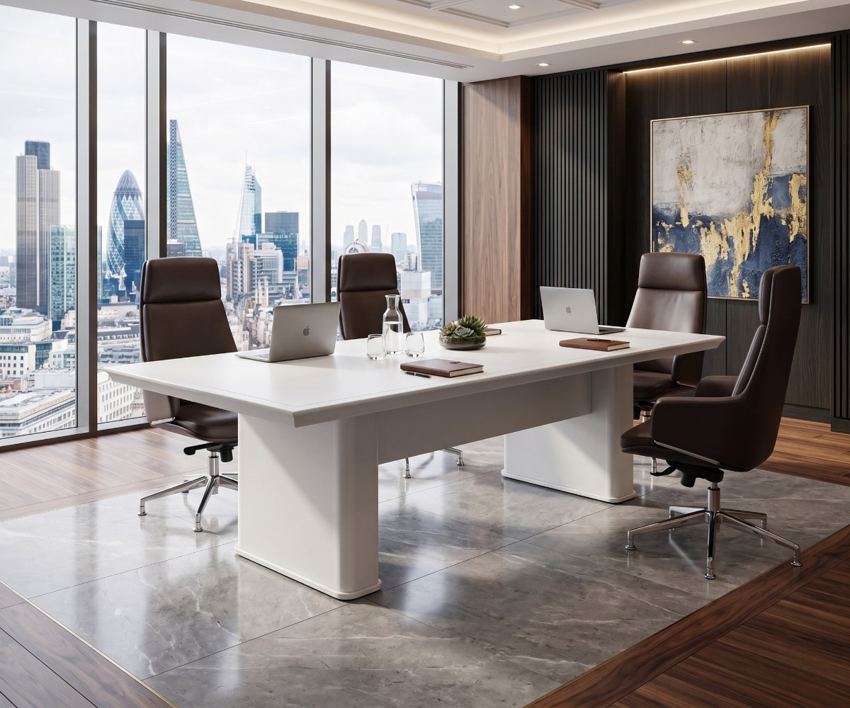 V10-524,532,536 white conference table with chairs in a city-view boardroom
