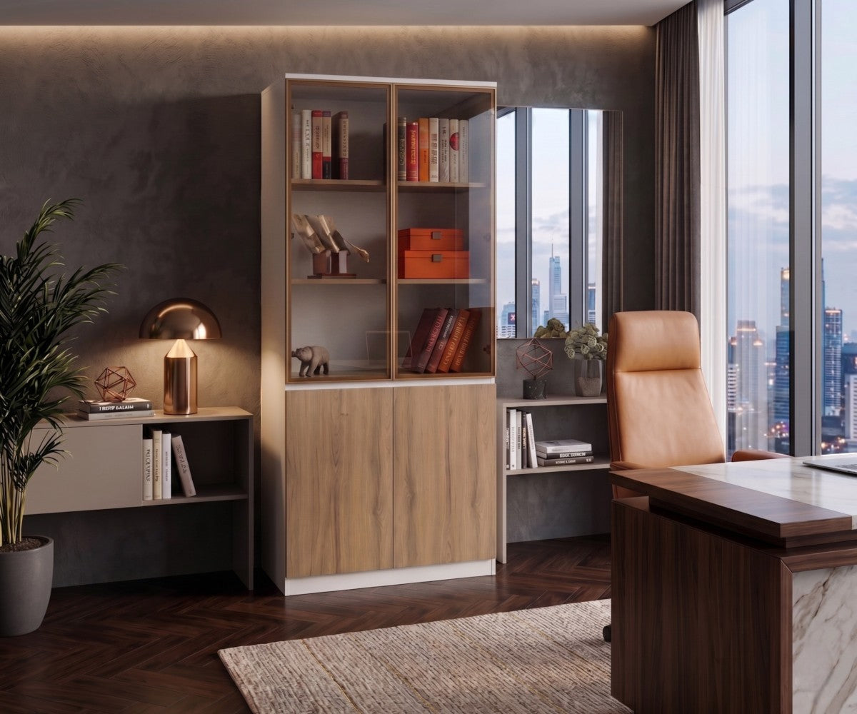 V7-108 oak display wall beside a desk in a city-view office