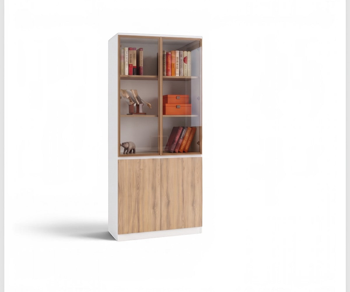 V7-108 oak display wall beside a desk in a city-view office