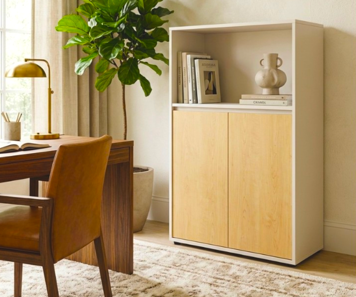 V7-108B white oak cabinet beside a desk in a bright room