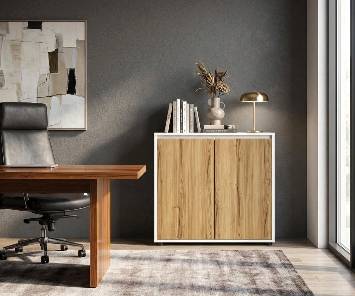V7-108C white oak credenza beside a desk against a dark wall