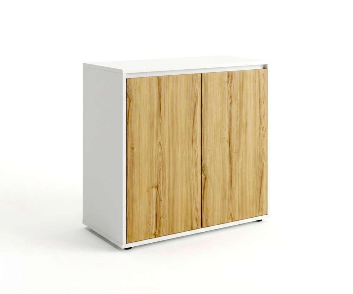 V7-108C white oak credenza beside a desk against a dark wall