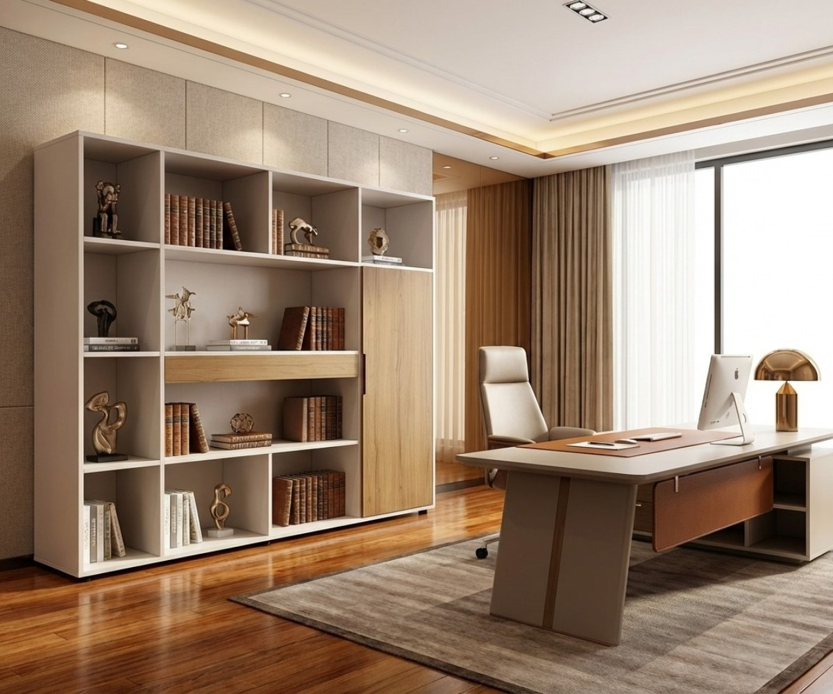 V7-118B oak office wall with open shelving in a bright office