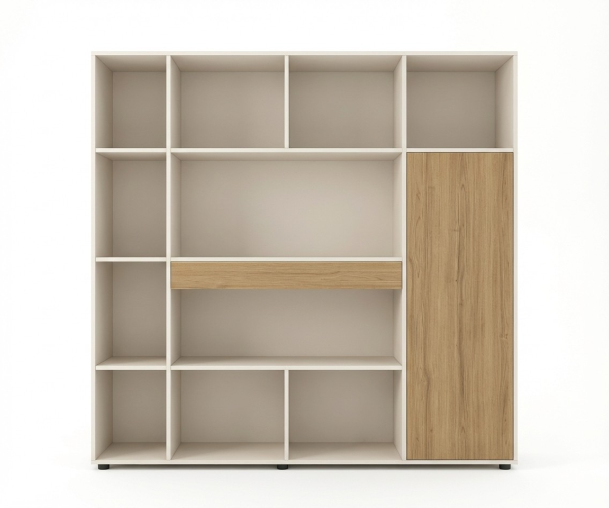 V7-118B oak office wall with open shelving in a bright office