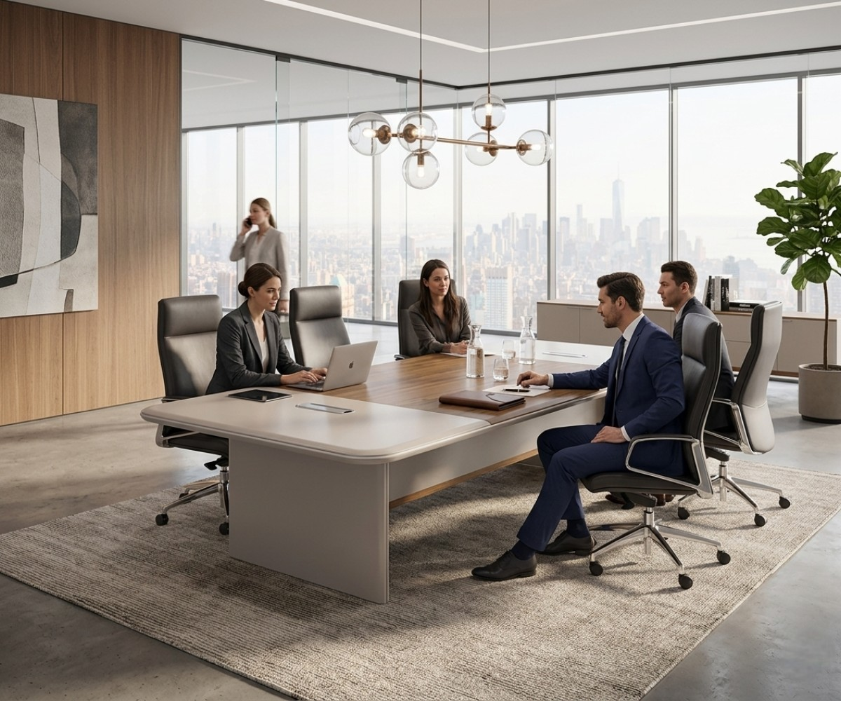 V7-528,532 ivory boardroom table with people seated in a city-view boardroom