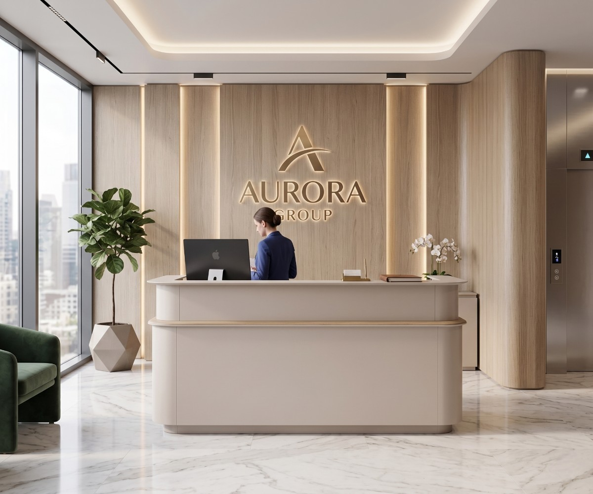 V7-824-828 beige curved reception desk in a lobby with a backlit logo wall