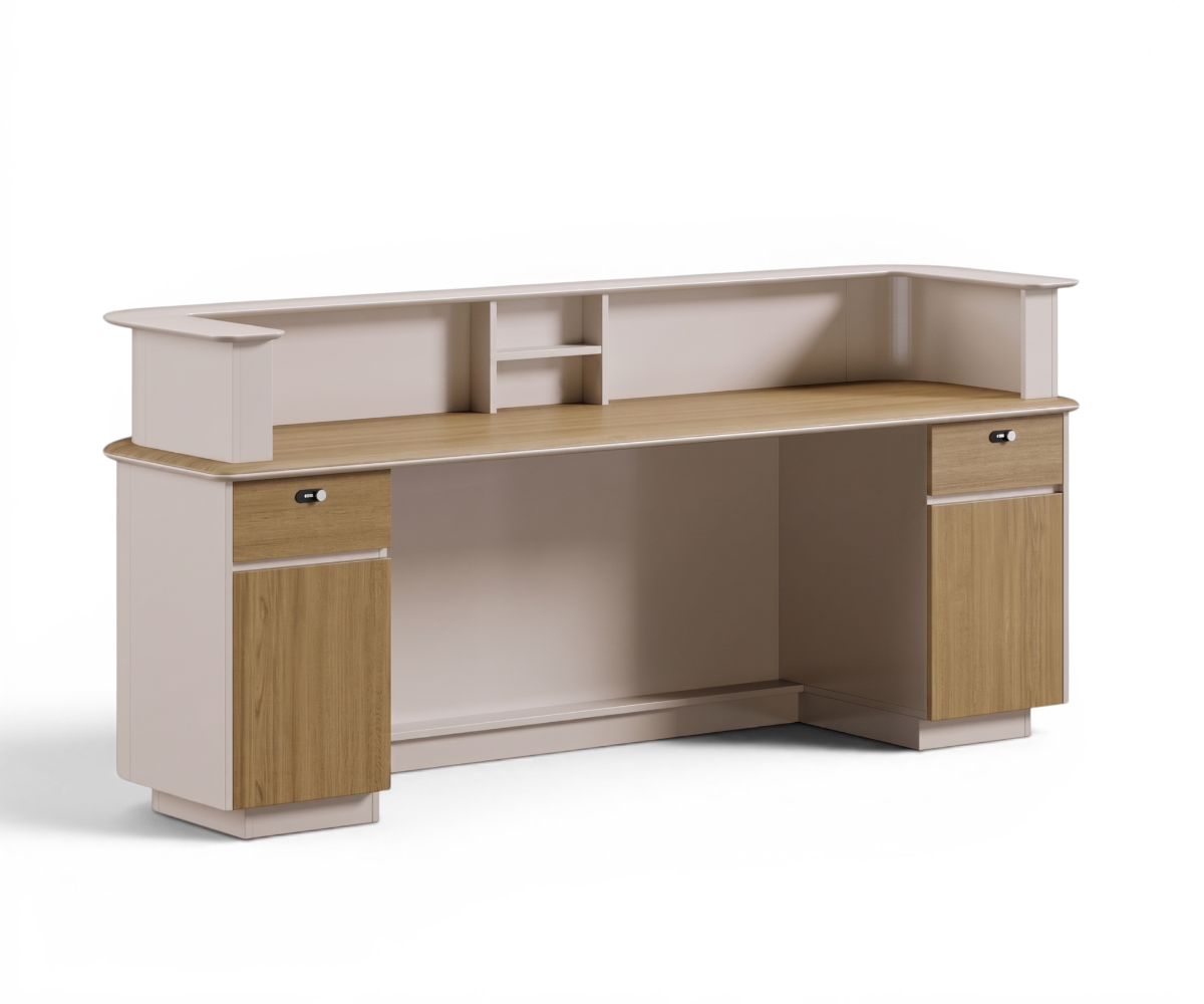 V7-824-828 beige curved reception desk in a lobby with a backlit logo wall