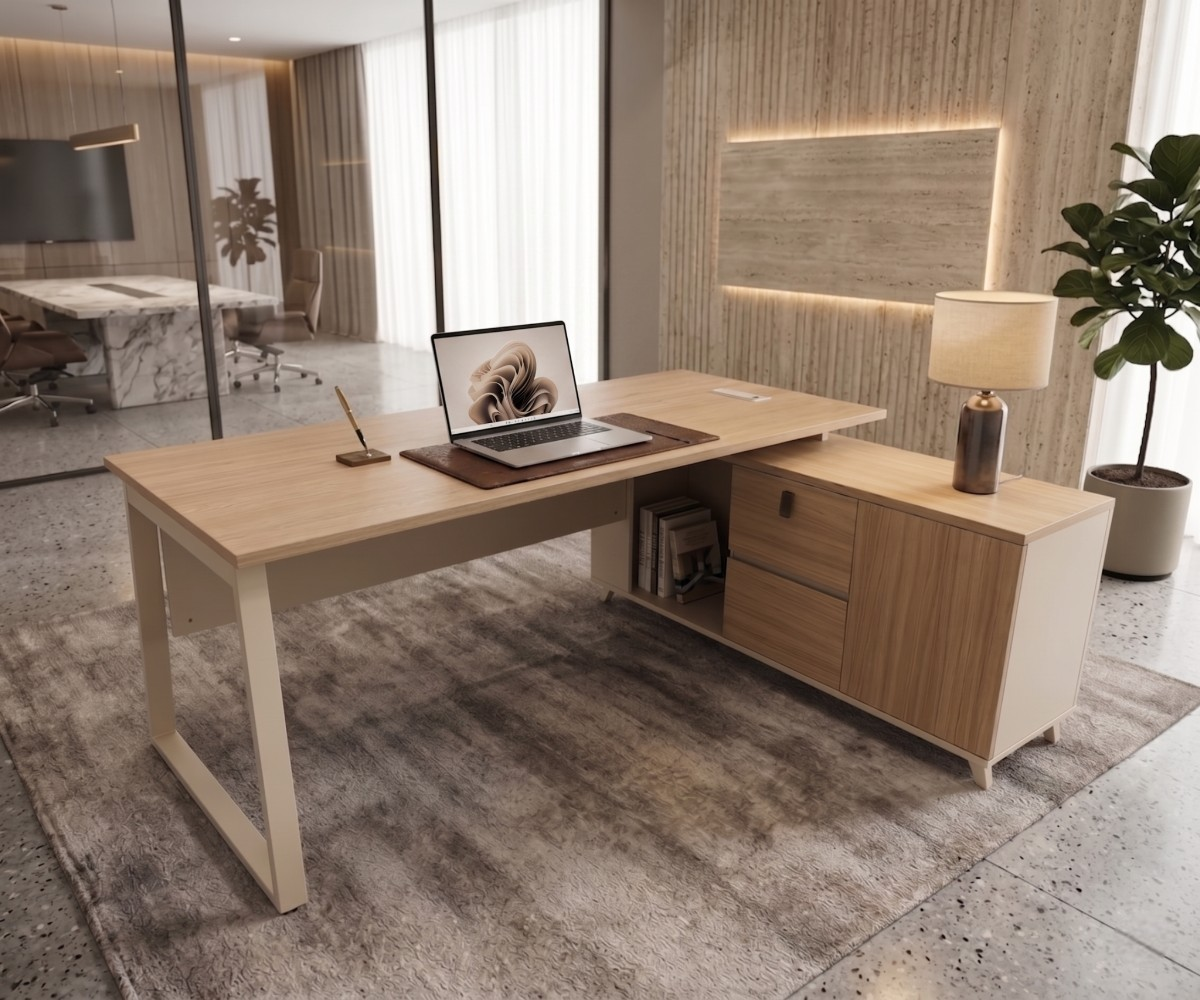 V9-014E L-shaped office desk in a bright office with a lit wall panel