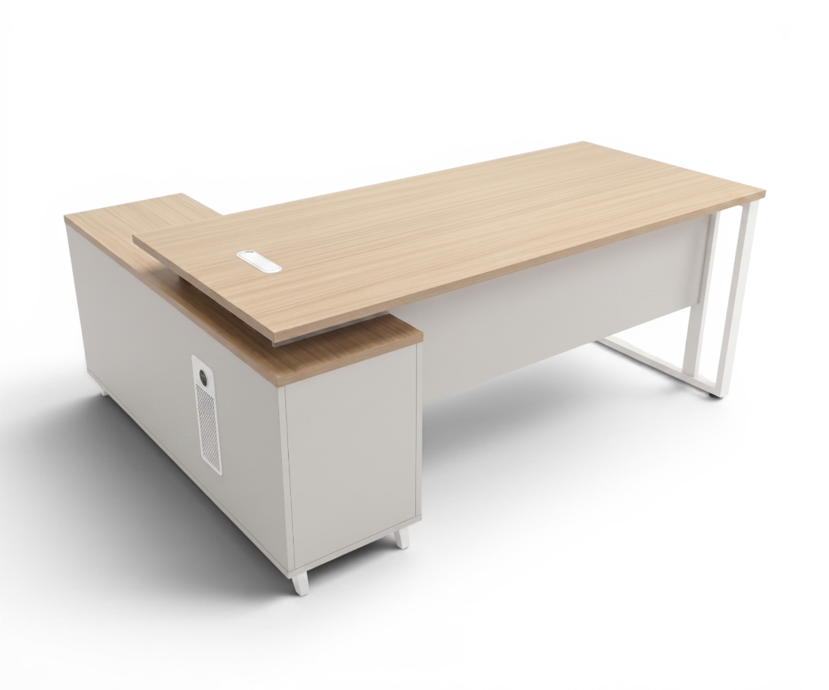 V9-014E L-shaped office desk in a bright office with a lit wall panel