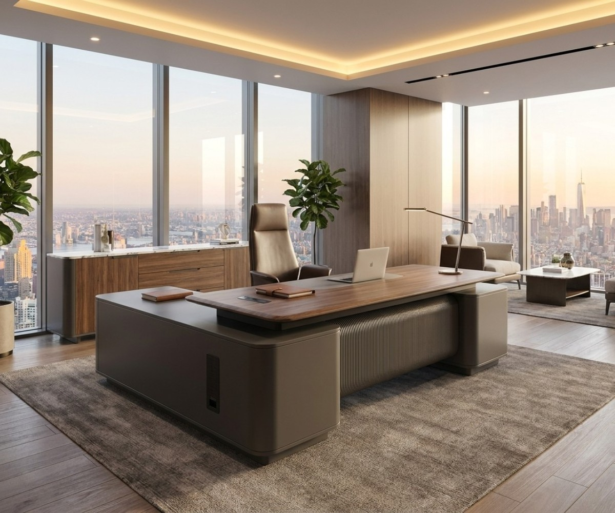 V9-026A executive L-shaped desk in a city-view office at sunset
