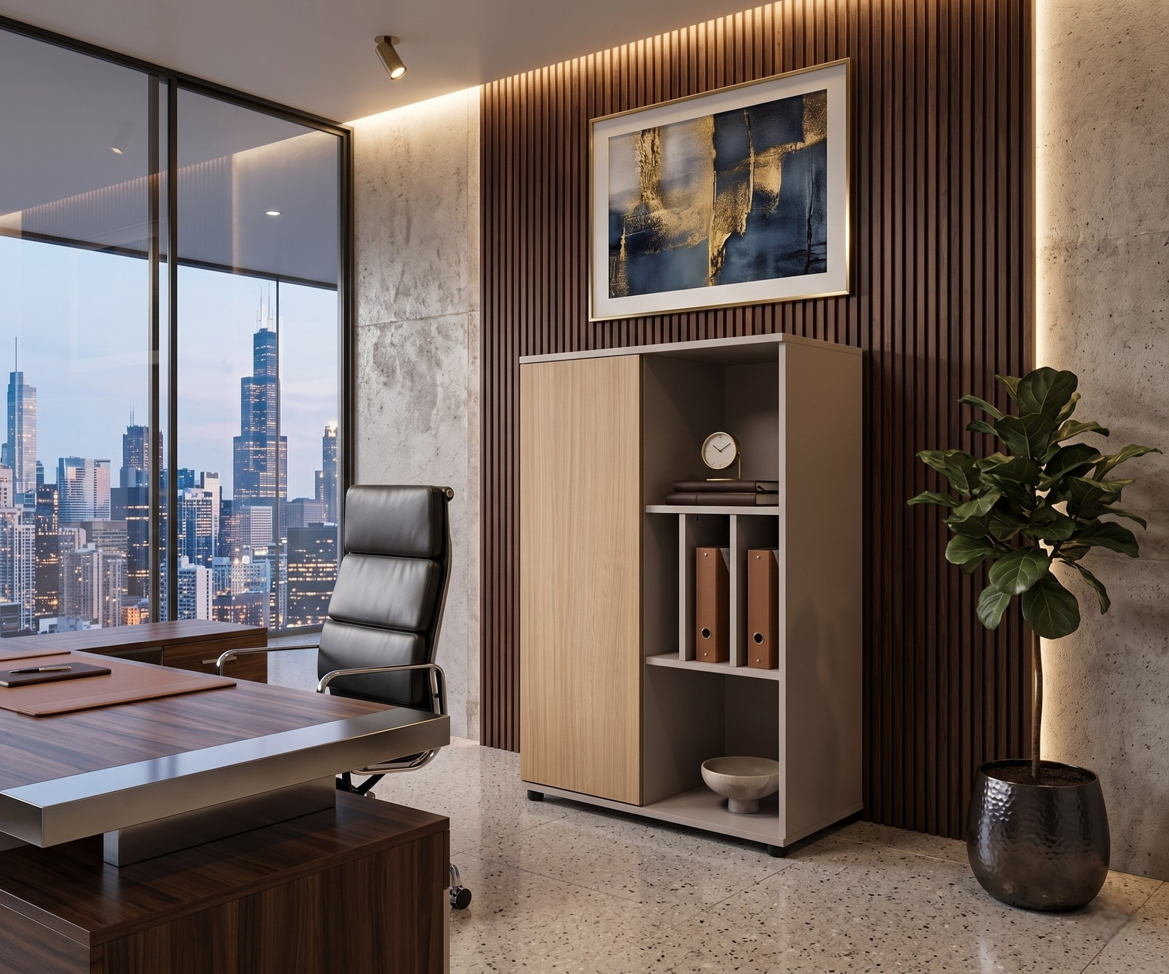 v9-108D oak display cabinet in a slatted-wood office with a city view