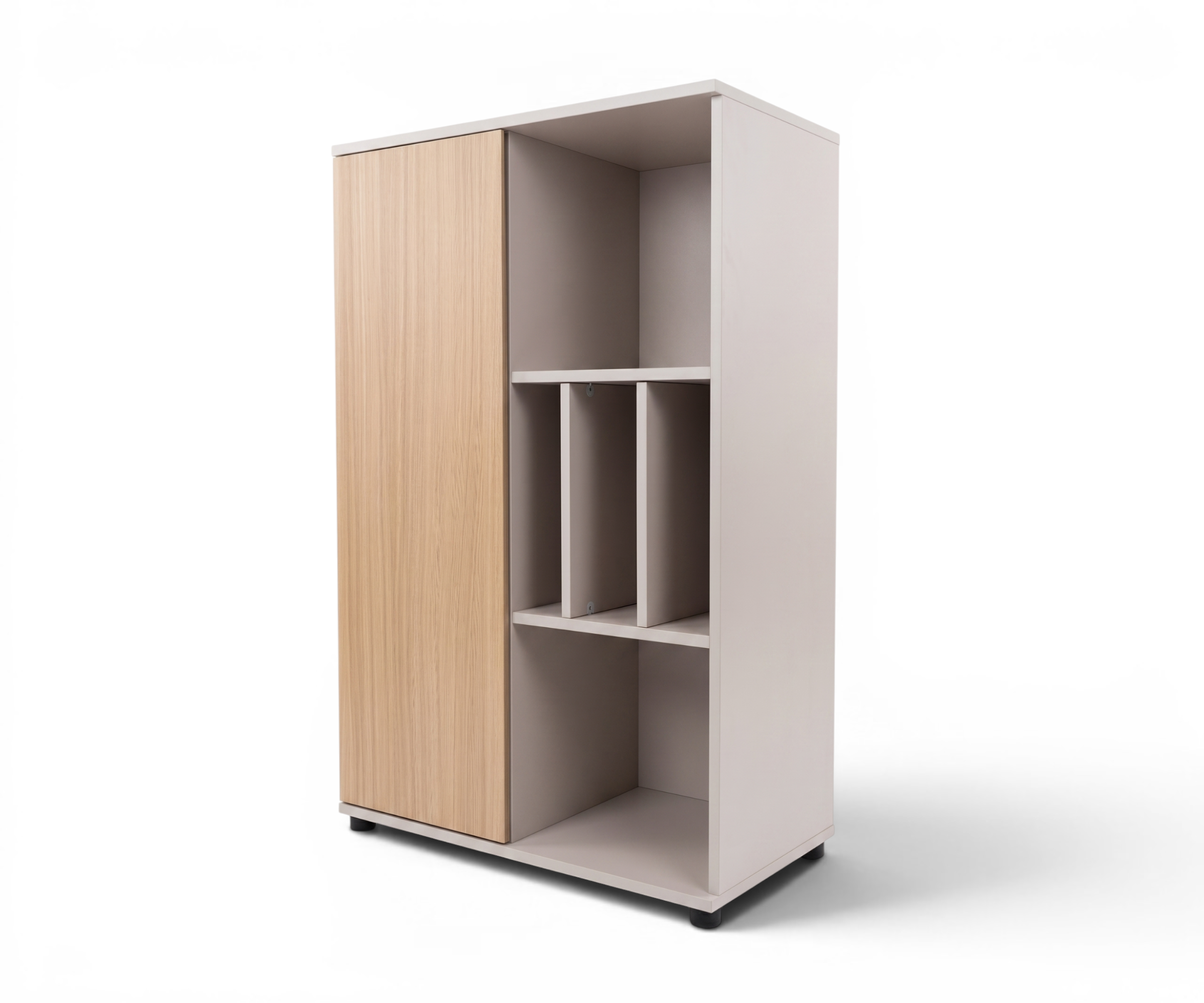 v9-108D oak display cabinet in a slatted-wood office with a city view