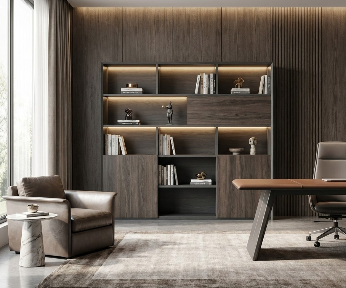 V9-118B walnut office wall with backlit shelving in a lounge office