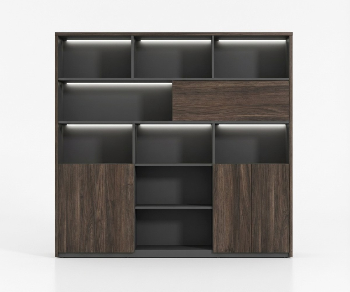 V9-118B walnut office wall with backlit shelving in a lounge office