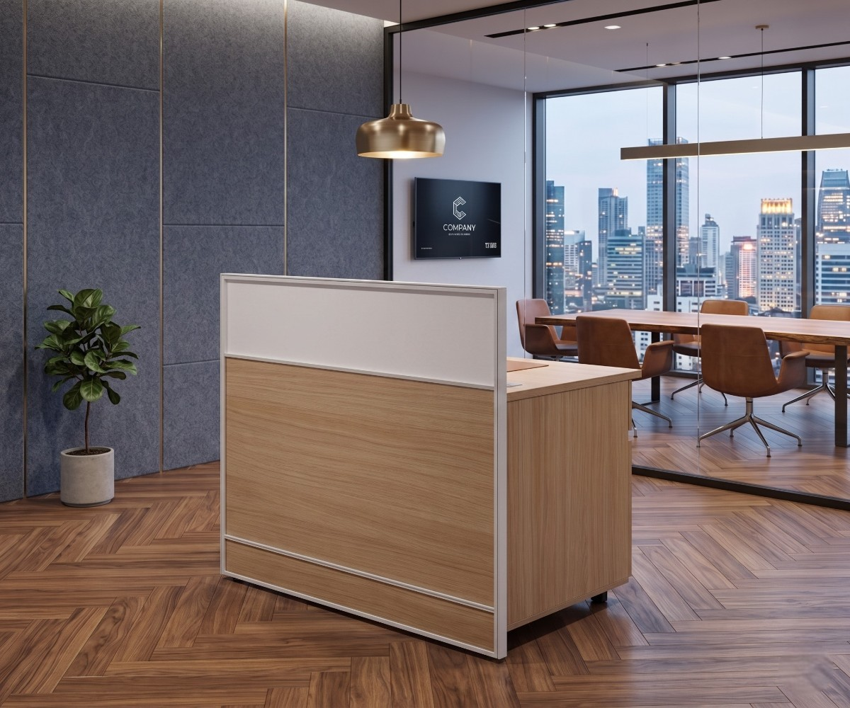 V9-212-1P Nordic oak reception desk in an office with a city view