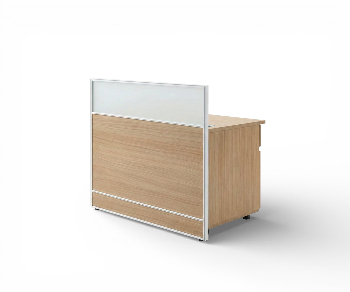 V9-212-1P Nordic oak reception desk in an office with a city view
