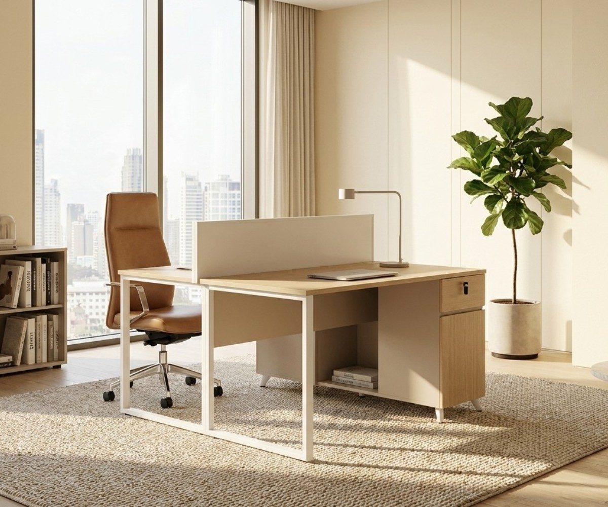 V9-212-2P oak workstation desk in a bright office with a city view