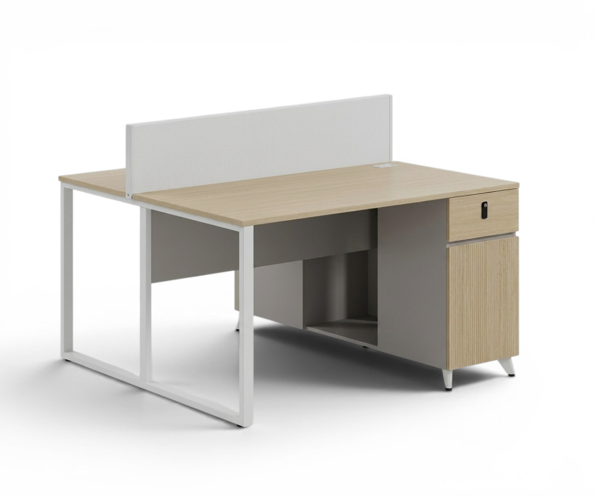V9-212-2P oak workstation desk in a bright office with a city view
