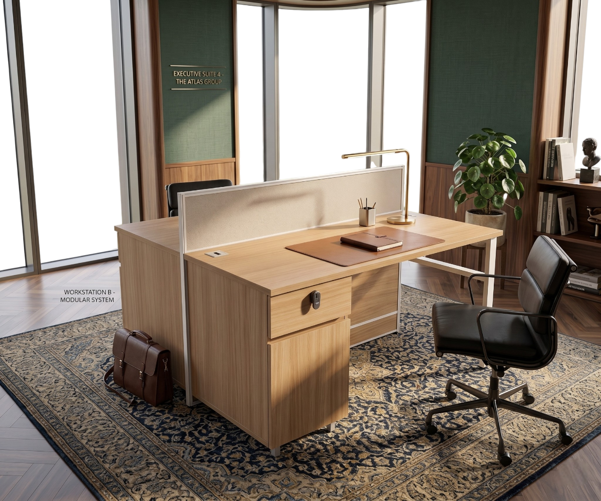 V9-214-2L work station in an office with a leather chair and patterned rug
