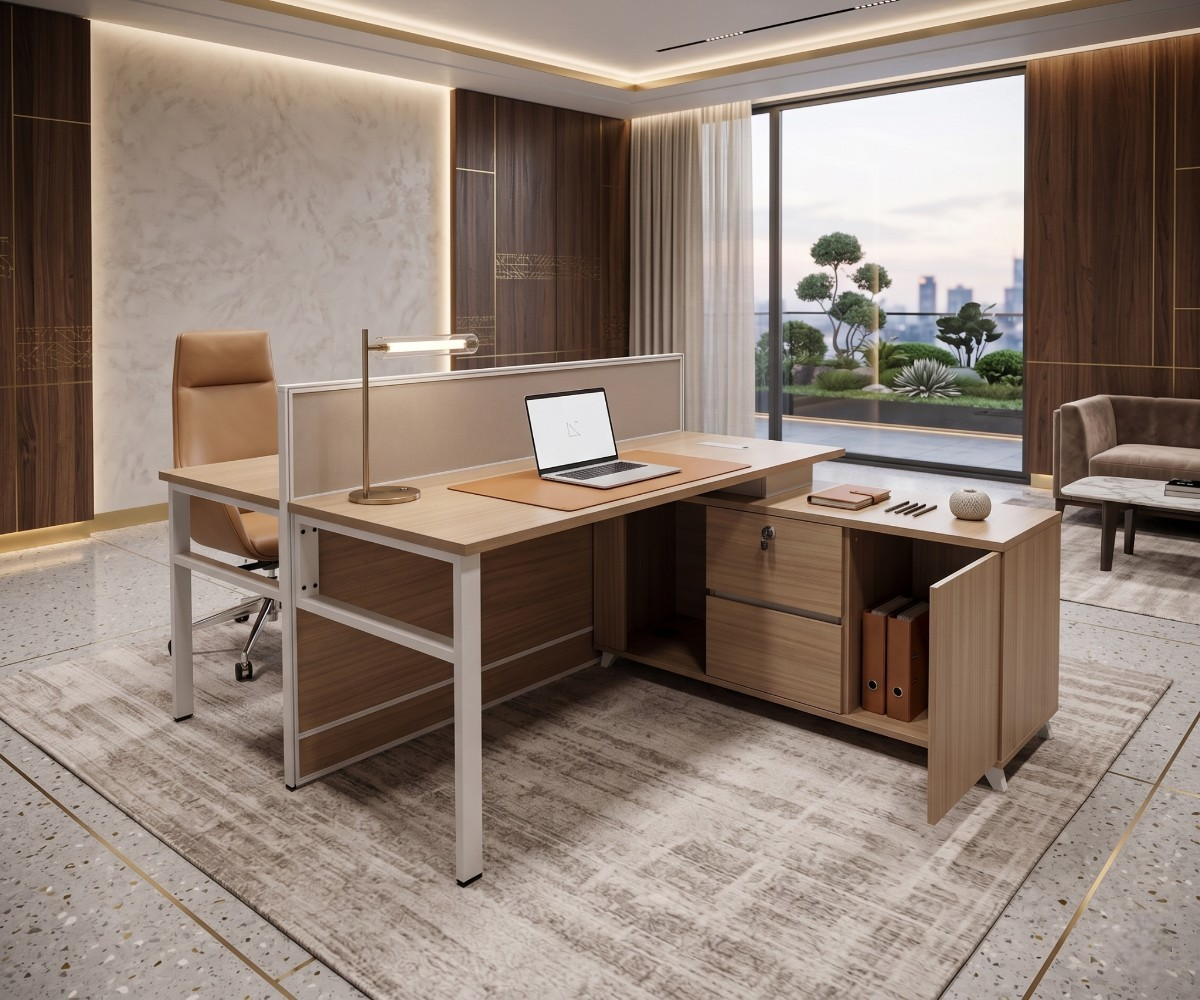 V9-214-2T Leno oak workstation in a marble-walled office with a garden view