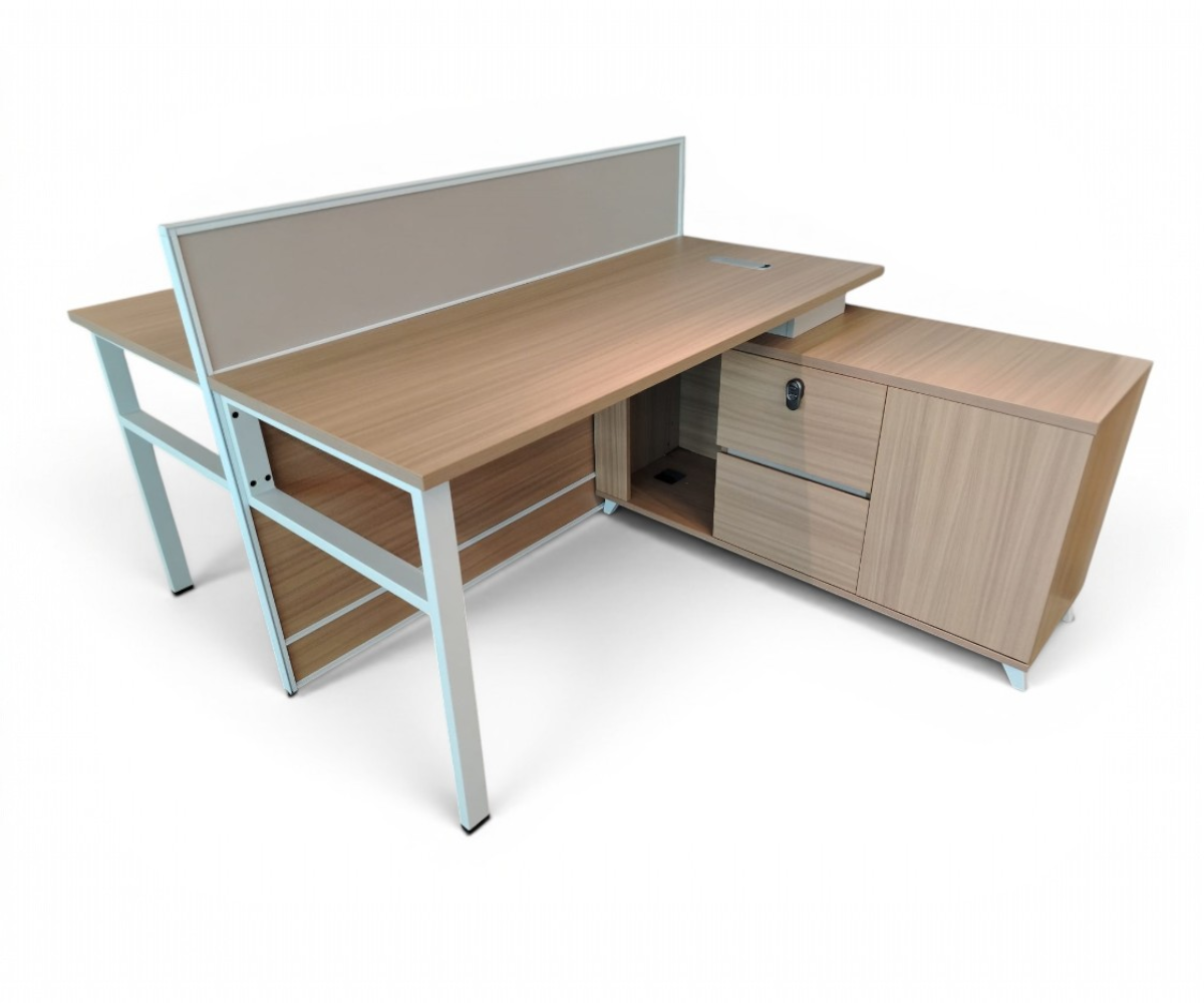 V9-214-2T Leno oak workstation in a marble-walled office with a garden view