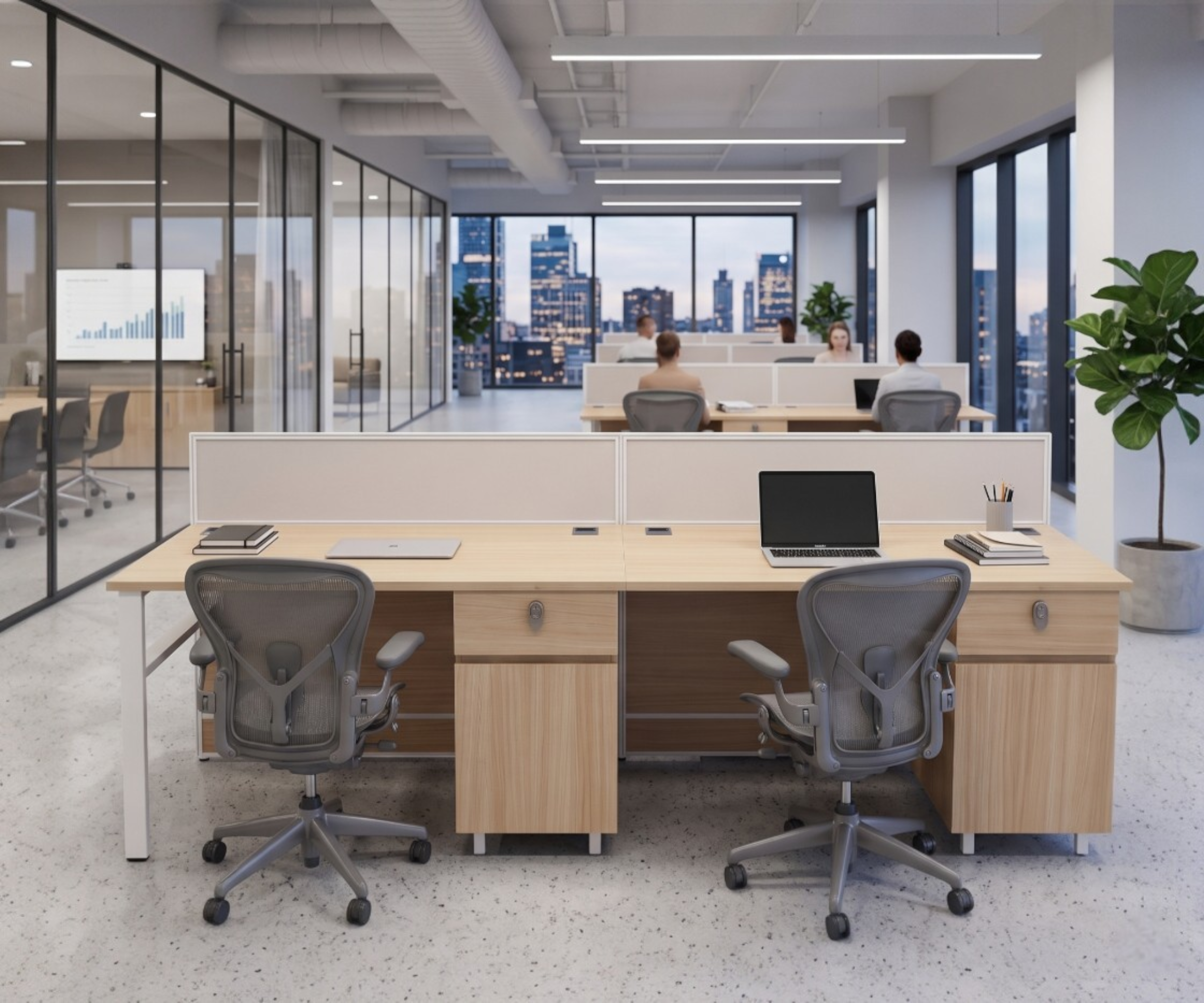 V9-224-2P Linear duo workstation in a glazed open-plan office