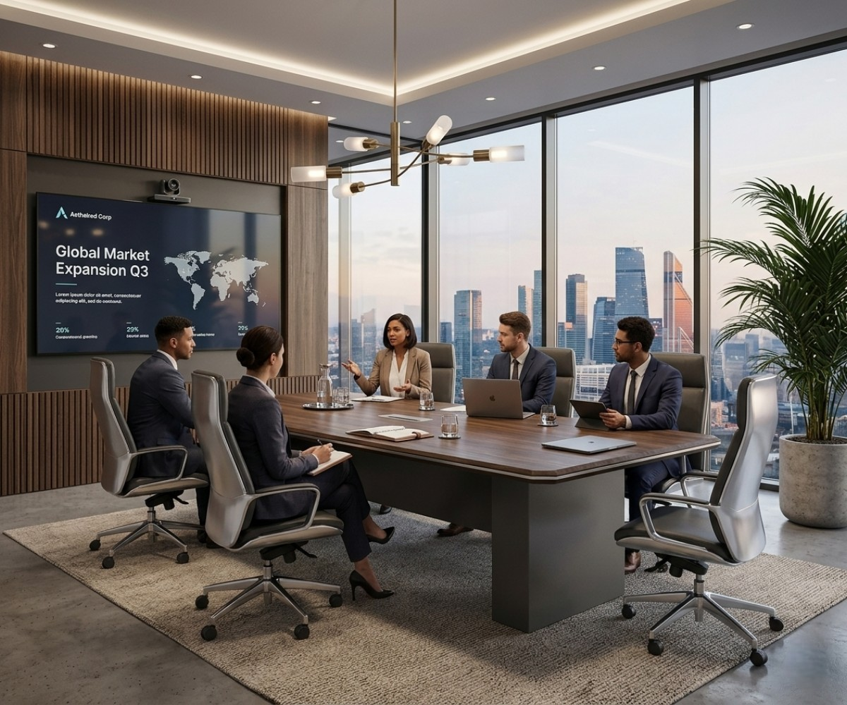 V9-524A graphite meeting table with six chairs in a city-view meeting room