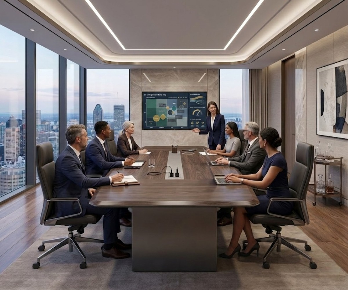 V9-528A,532A,536A walnut executive table with people seated in a boardroom