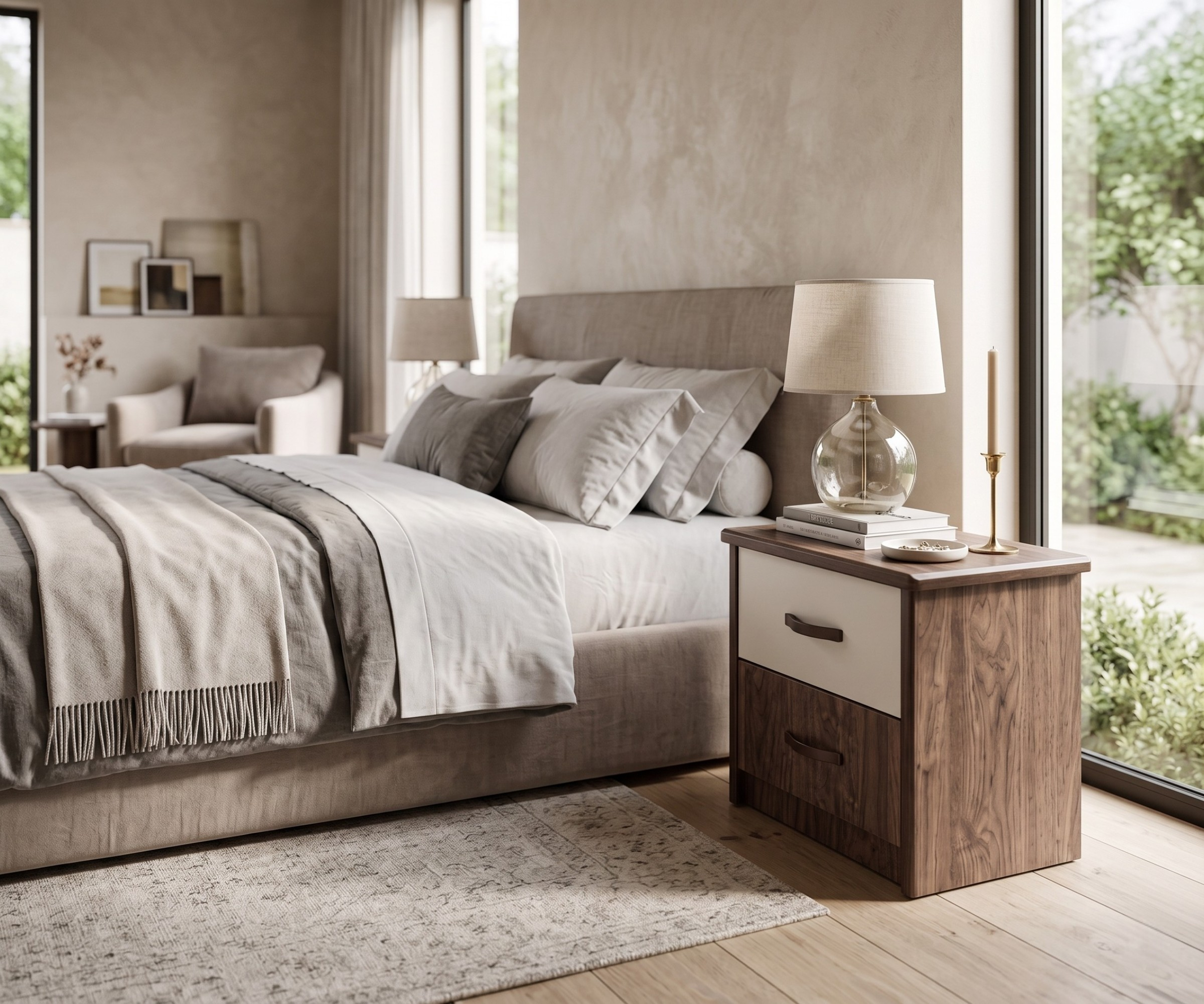 Valencia luxury nightstand table in a bright bedroom beside a glass lamp
