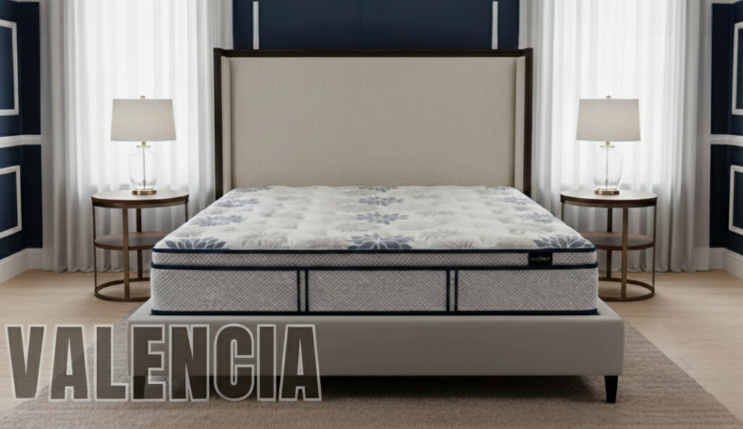 Valencia quilted mattress with a blue floral pattern, against a cream headboard on a navy wall