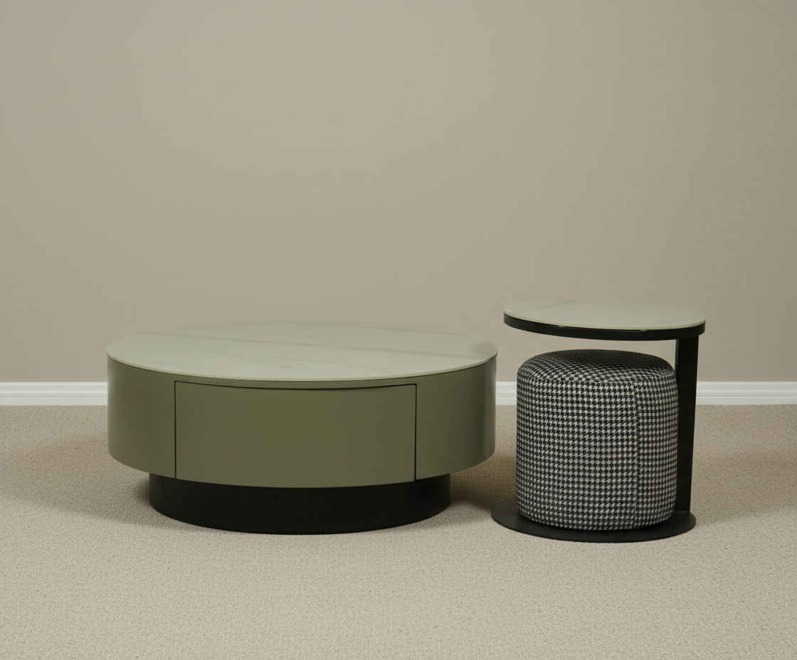 Valentina Y04# round drum set, front view with a sage drum and houndstooth stool