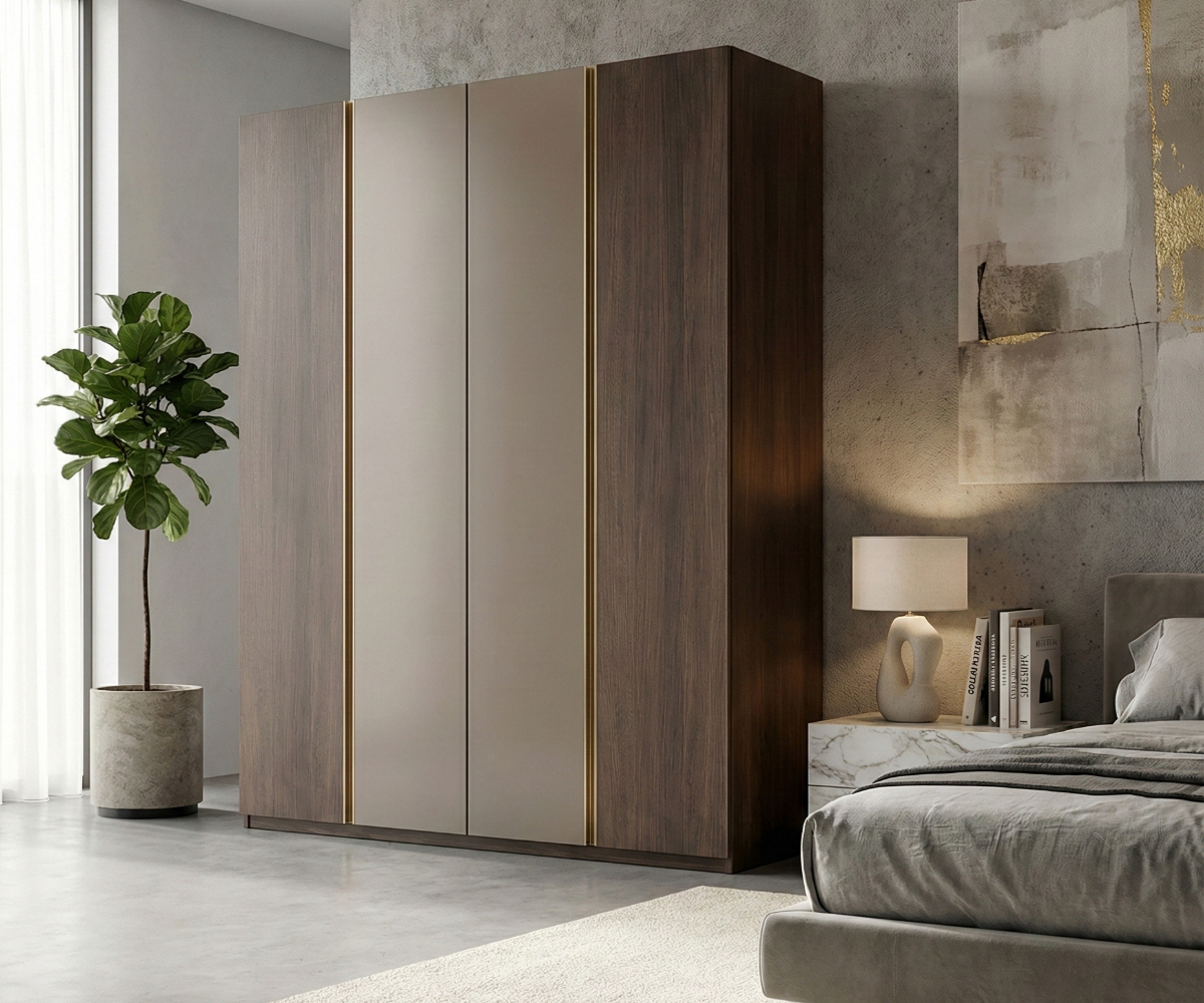 VALENTINO luxe dual-tone wardrobe in a grey bedroom with brass trim details
