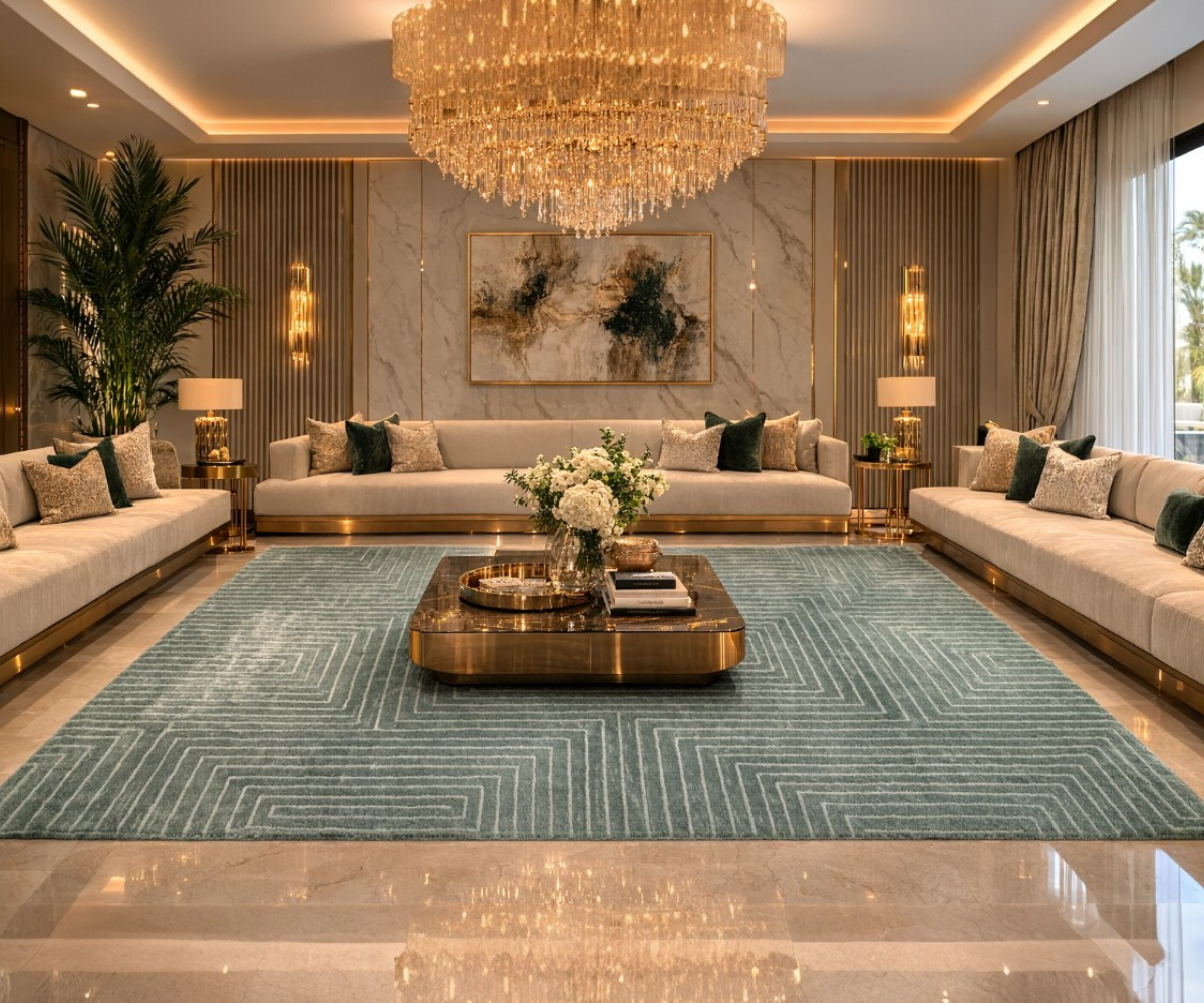 VALERIAN sage geometric rug, 150x220 cm, in a chandelier-lit majlis