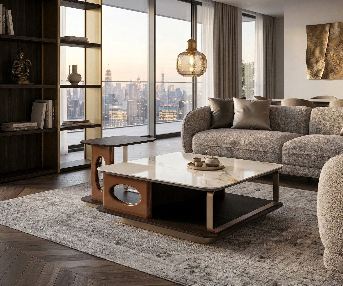 Valerius Y10# marble nesting set in a city-view living room at dusk
