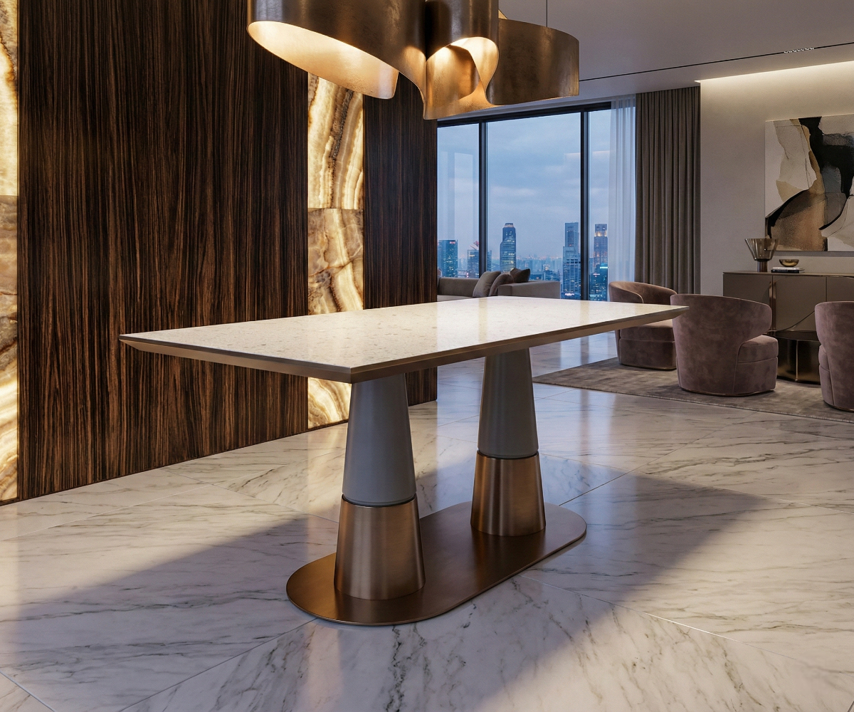 Vanguard dual pedestal table in a city-view lounge with a marble floor