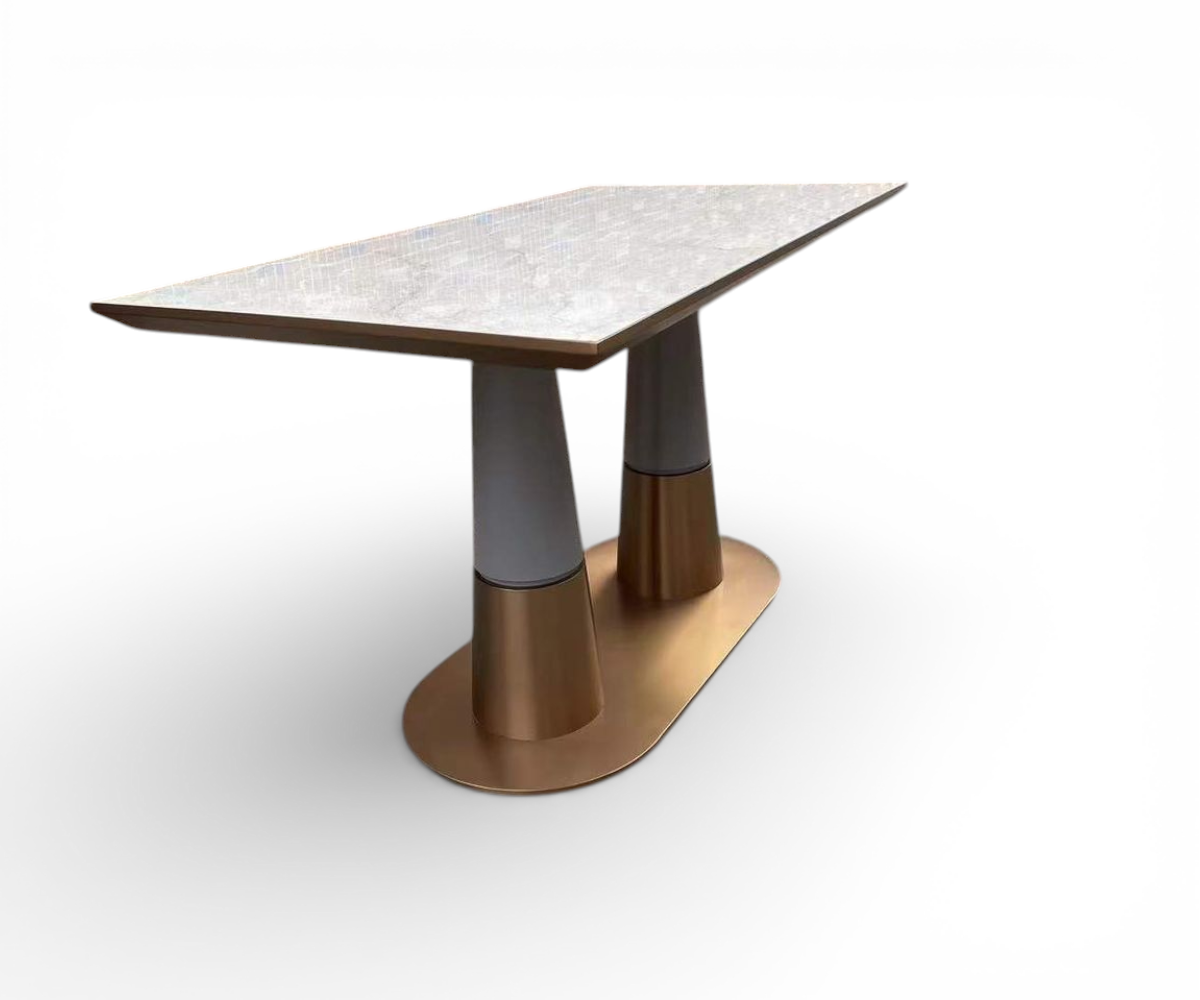 Vanguard dual pedestal table in a city-view lounge with a marble floor